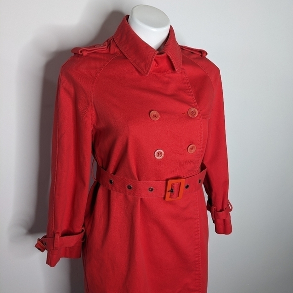 See By Chloe red belted collared cotton button closure trench coat jacket 6 - Picture 5 of 14